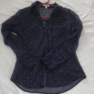 Express Navy Button-Down Shirt with Pink Hearts